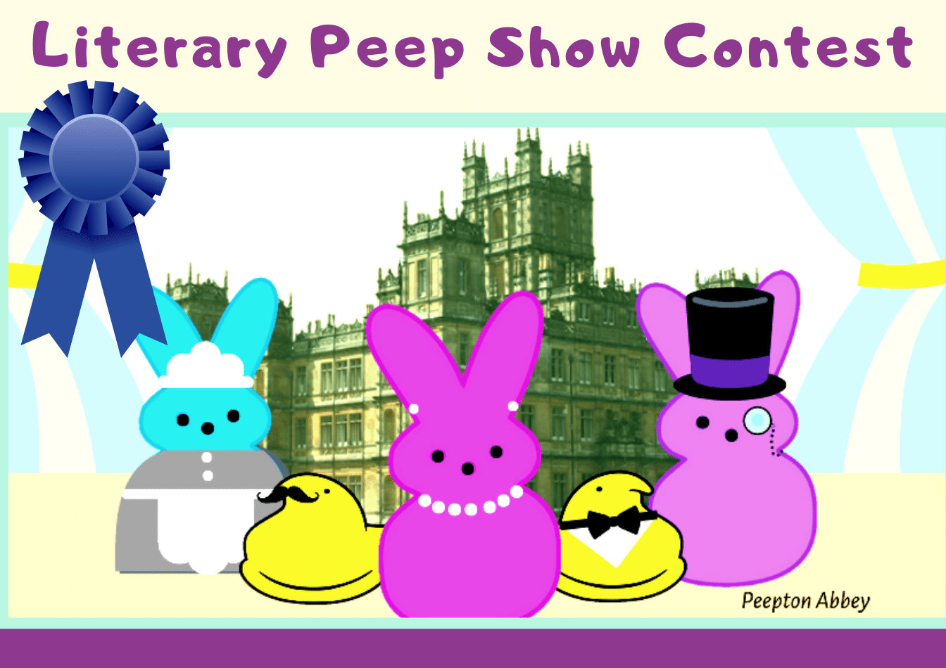Easter "peeps" standing in front of a manor house. 