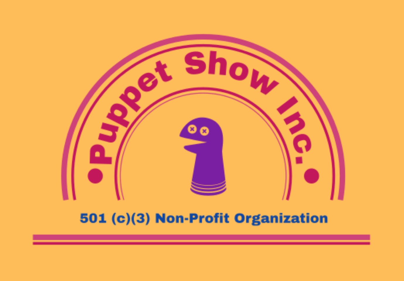 Puppet Show Inc. logo -- yellow background with pink and purple lettering and a little purple sock puppet