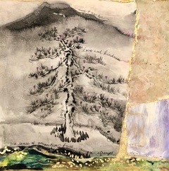 Asian inspired Image of an evergreen tree in gray with a mountain in the background, and a tan tree trunk and grassy area in the foreground