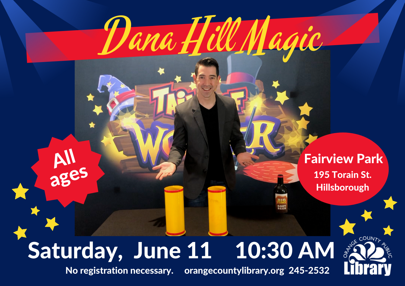 Dana Hill Magic - image of magician standing before magical objects.