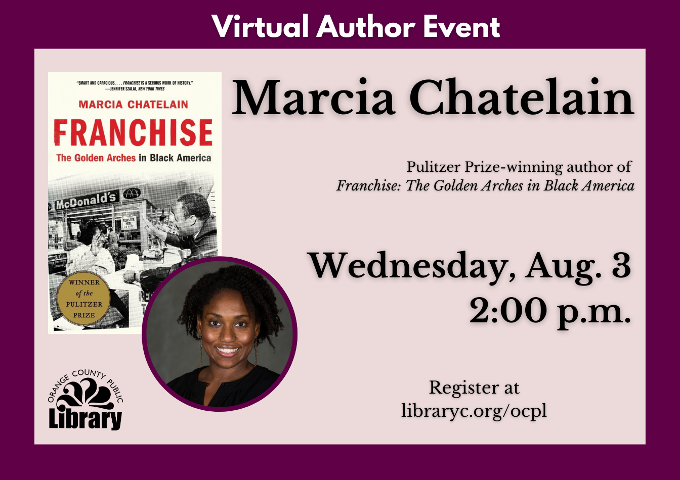 A widget advertising a virtual author event with Marcia Chatelain.
