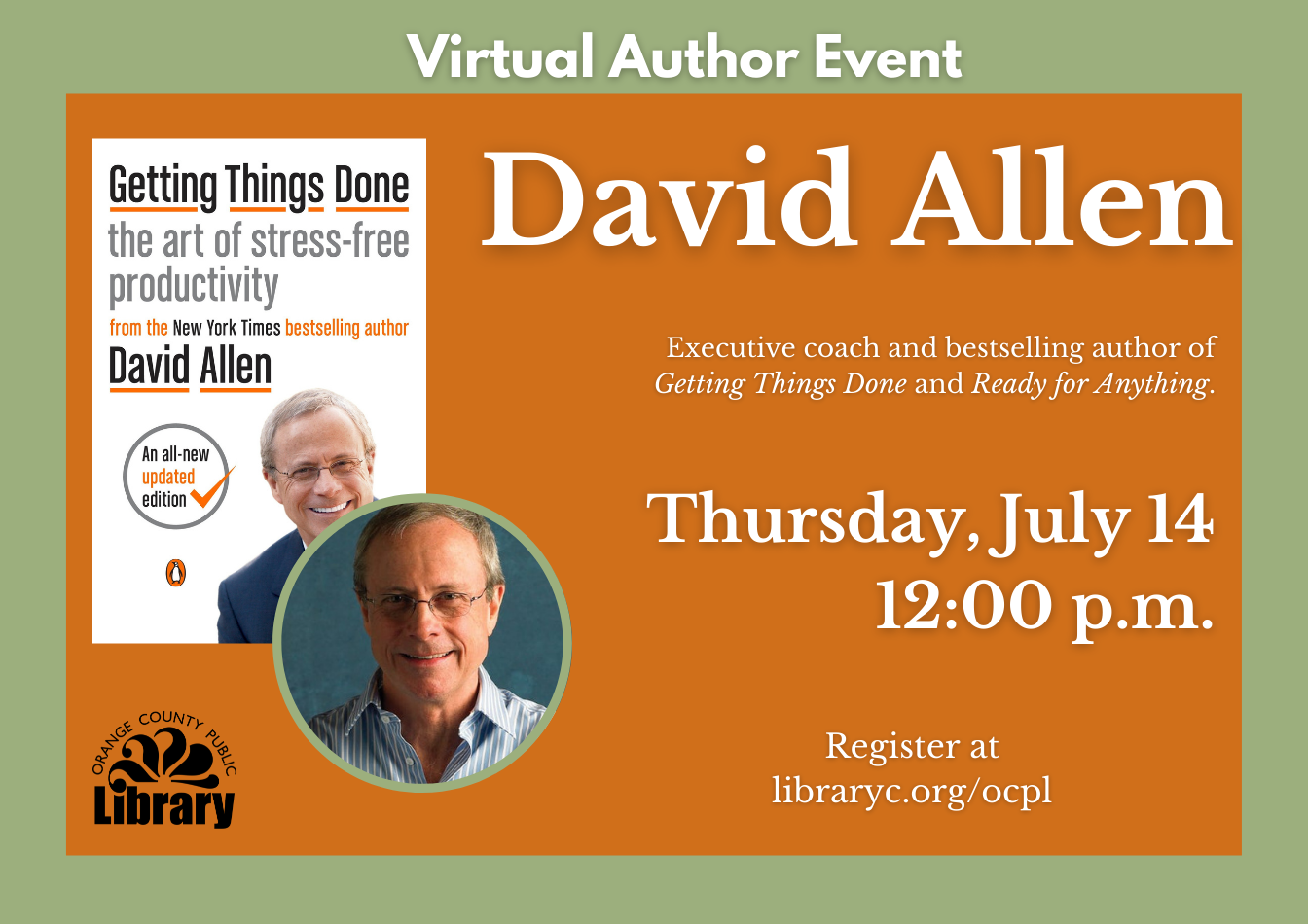 A widget advertising a virtual author event with David Allen.