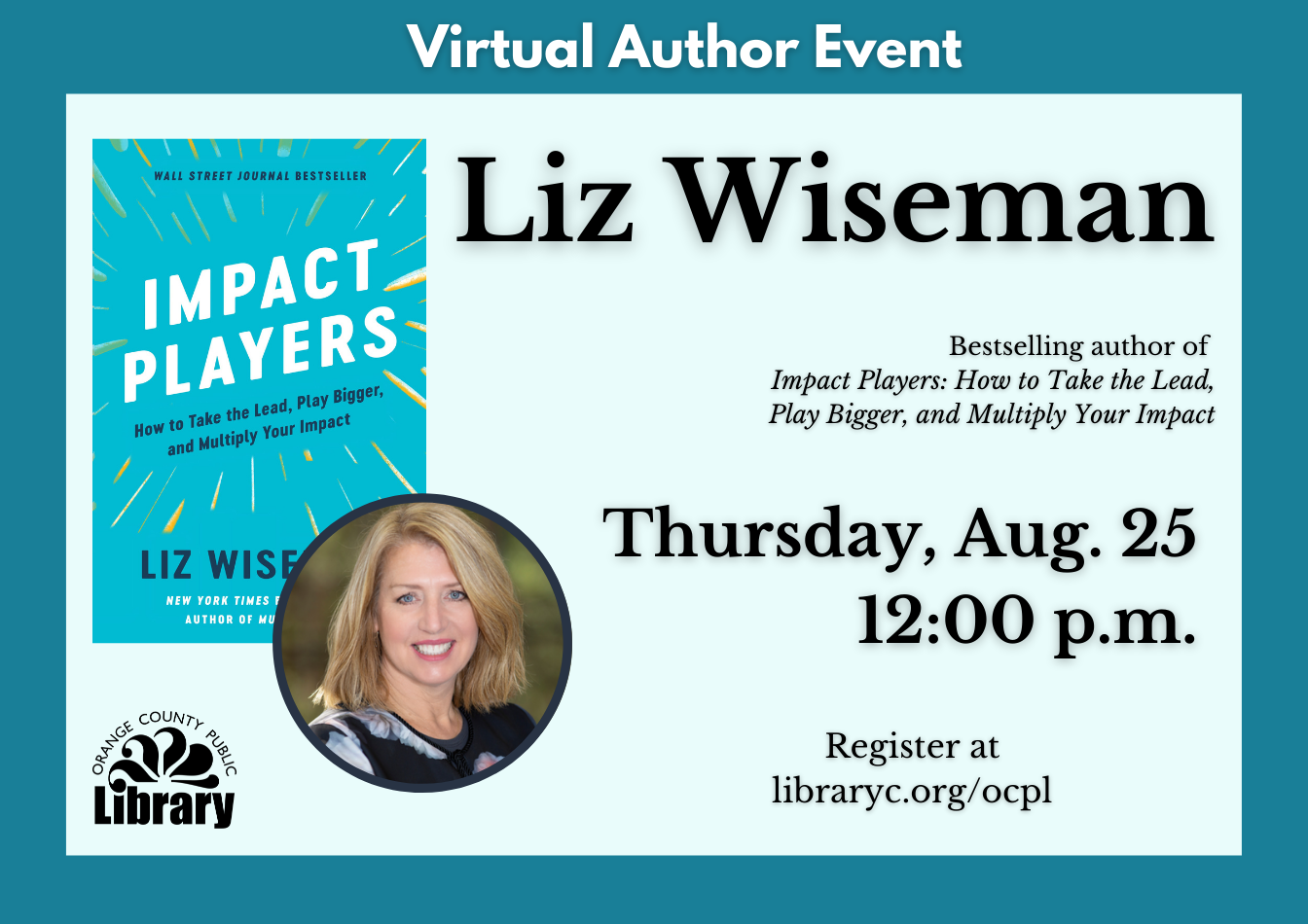 A widget advertising a virtual author event with Liz Wiseman.