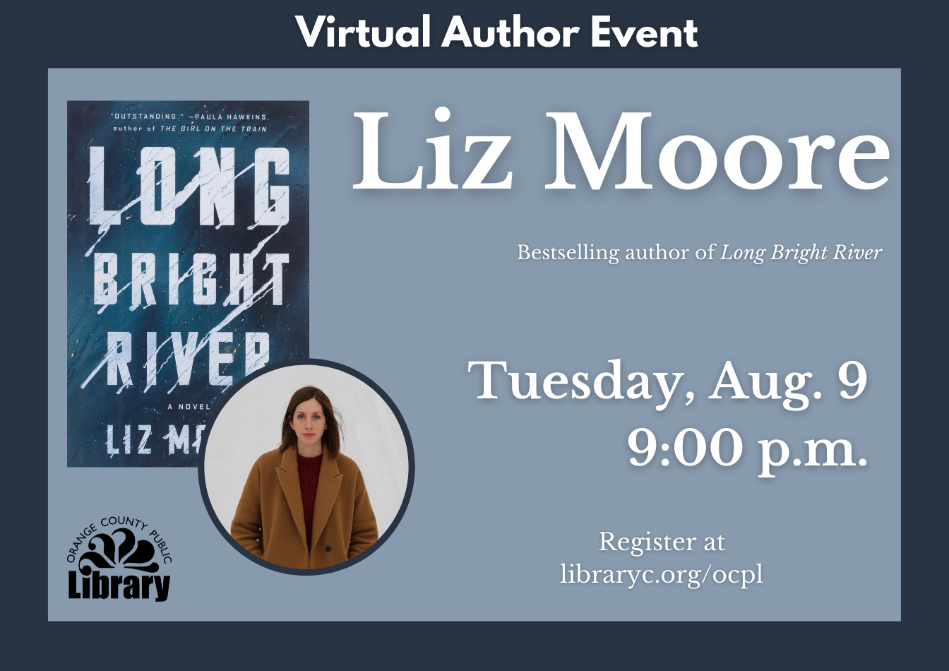 A widget advertising a virtual author event with Liz Moore.