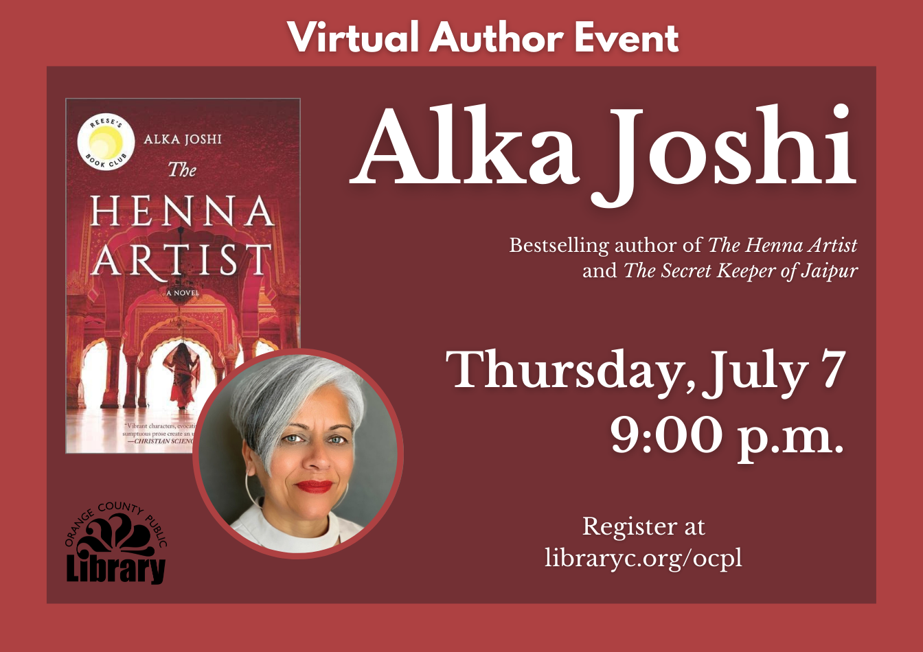 Widget for a virtual author event with Alka Joshi