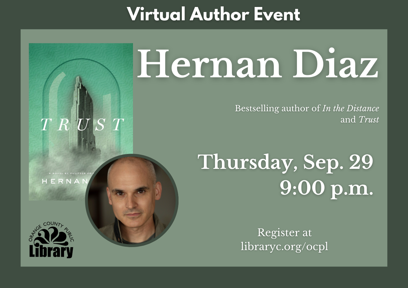 Widget for a virtual author event with Hernan Diaz
