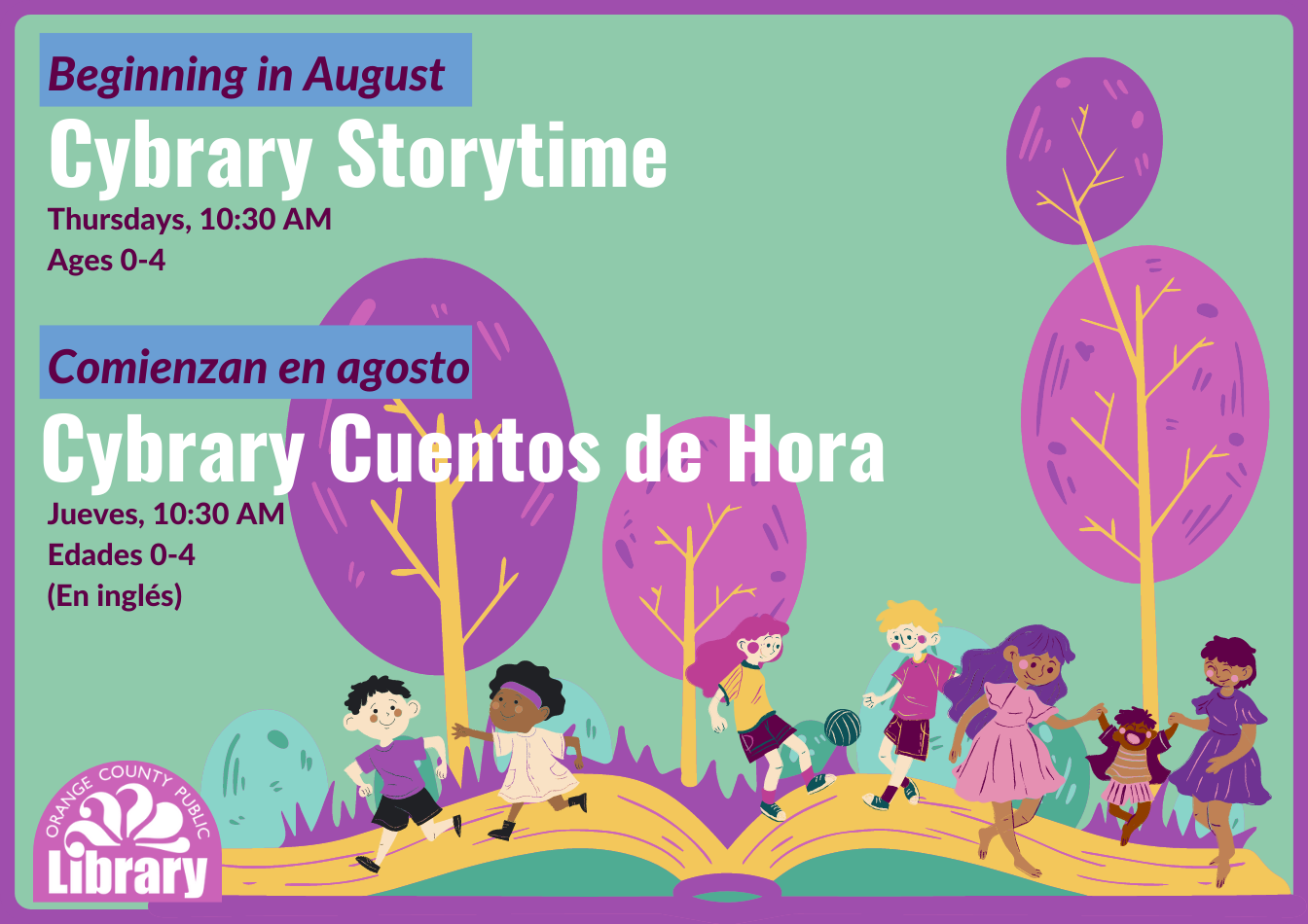 green flier with purple trees and children over an open book. text: cybrary storytime thursdays, 10:30, ages 0-4