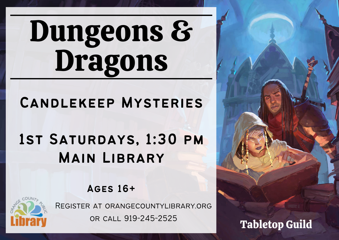 Two adventurers study a book in a magical library -- ready to uncover it's secrets!