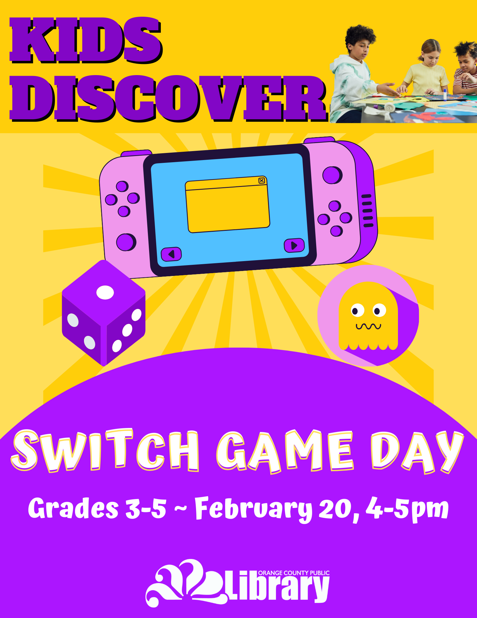 Pink and purple Nintendo Switch with a dice and a little ghost.