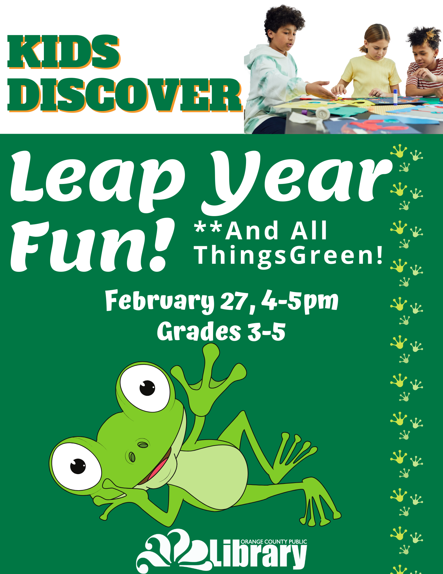 Leap year fun! Cartoon frog on a green background.