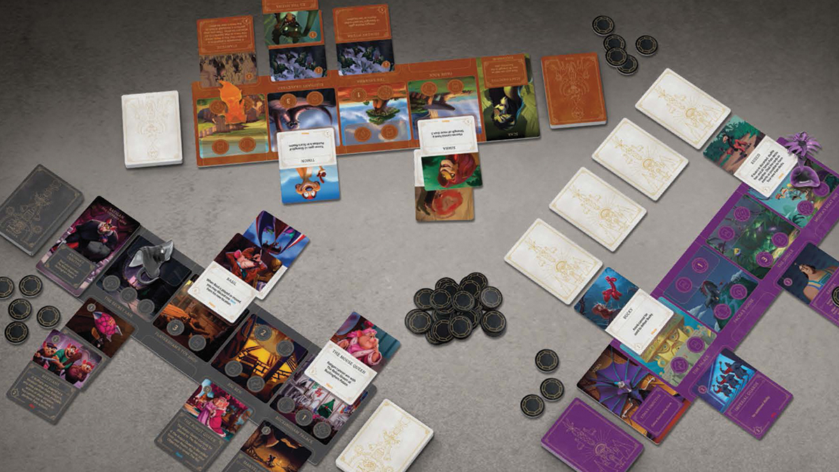 A scene of people playing the board game Disney Villainous. There are various boards representing the Disney villains schemes.
