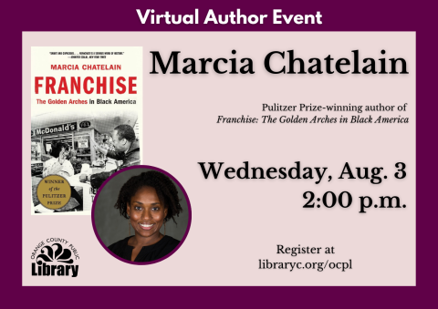 A widget advertising a virtual author event with Marcia Chatelain.