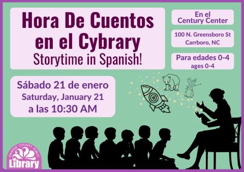 Hora de qcuetos en el cybrary. En el Century Center, 100 N. Greensboro St, Carrboro, NC. Para edades 0-4. Sábado n21 de enero a las 10:30 am. Storytime at the Cybrary. In the Century Center, 100 N Greensboro St, Carrboro, NC. For ages 0-4. Saturday, January 21, 10:30 am.