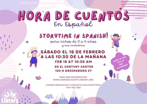 Hora de cuentos en el cybrary. En el Century Center, 100 N. Greensboro St, Carrboro, NC. Para niños de 0 a 4 años. Sábado el 18 de febrero a las 10:30 am. Vamos a leer con la señora Alexandra. Para más información: www.orangecountylibrary.org. ¿Tienes preguntas? Contacte con nosotros a 919.918.7387. Storytime at the Cybrary. In the Century Center, 100 N Greensboro St, Carrboro, NC. For ages 0-4. Saturday, February 18., 10:30 am.