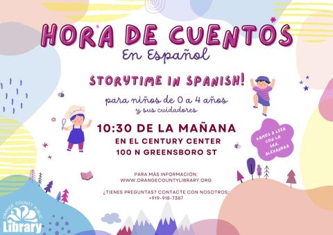 Hora de cuentos en el cybrary. A las 10:30 de la mañana en el Century Center, 100 N. Greensboro St, Carrboro, NC. Para niños de 0 a 4 años. Vamos a leer con la señora Alexandra. Para más información: www.orangecountylibrary.org. ¿Tienes preguntas? Contacte con nosotros a 919.918.7387. Storytime at the Cybrary. 10:30 am in the Century Center, 100 N Greensboro St, Carrboro, NC. For ages 0-4. 