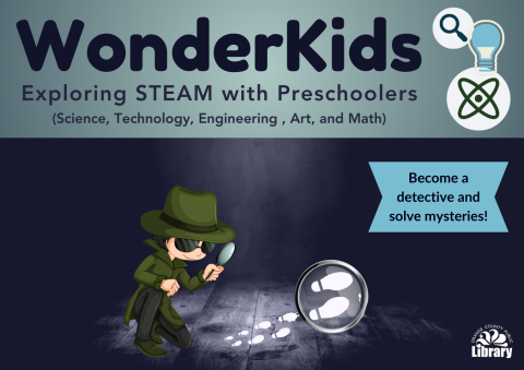 A small image of program flyer with program title, description, and a cartoon child in a detective outfit holding a magnifying glass studying footprints.