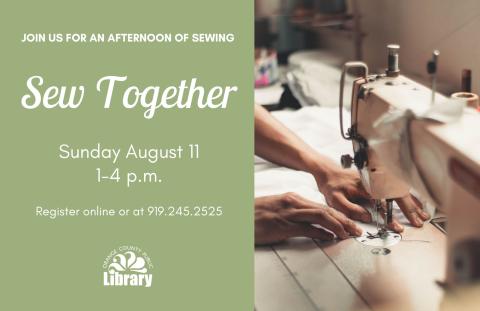 Announcement for sewing program with image of sewing machine and hands.