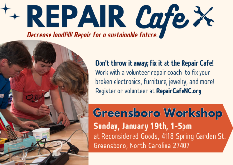 Event Advertisement: Repair Cafe - Greensboro (More information is listed below in Event Details.)