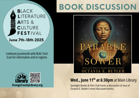 Event Advertisement: Spotlight Books & Film Club Book Discussion of Parable of the Sower (More information is listed below in Event Details.)