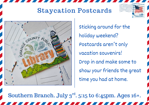 Red, white and blue border and a small stamp of an American flag in the top right corner. On the left, a postcard with OCPL logo, cartoon bushes, and stack of books. Text repeated in program description.