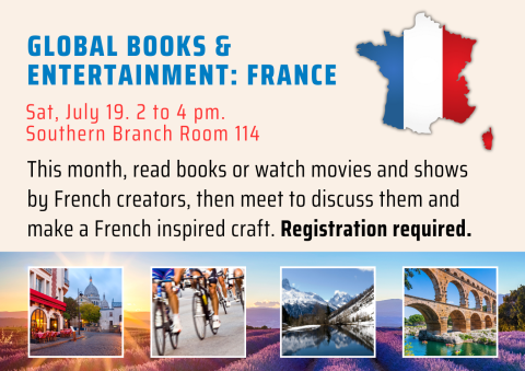A French flag shaped like the outline of France. Lavender fields. A street in Montmartre. A group of cyclists. A mountain with a lake in front. An old aqueduct over a river.