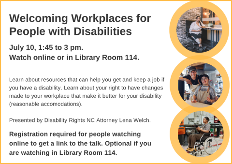 A woman with a prosthetic leg sits at an office desk. Two men, one who appears to have Down's Syndrome, stand behind a coffee shop counter. A woman using a wheelchair operates factory machines. 