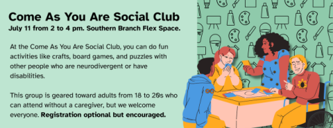 People of different races gather around a table playing a card game. One person sits in a wheelchair and another wears a shirt with an infinity symbol that represents pride in being neurodivergent. 