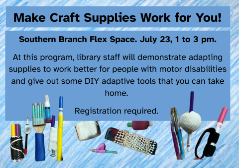 Adapted art supplies on a crayon colored blue background with blue squares and black text.