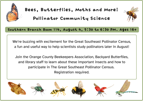 A watercolor illustration of a butterfly, honeybee, moth, fly, bumblebee, ladybug, and dragonfly surrounding text that is repeated on the event description.