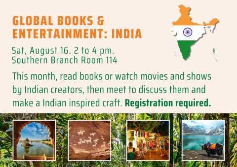 Indian flag in the shape of India and 4 small pictures of Indian landscapes and architecture against a background of a forest.