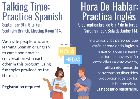 A cartoon woman holding a coffee cup says Hola to a cartoon man who says Hello to her.