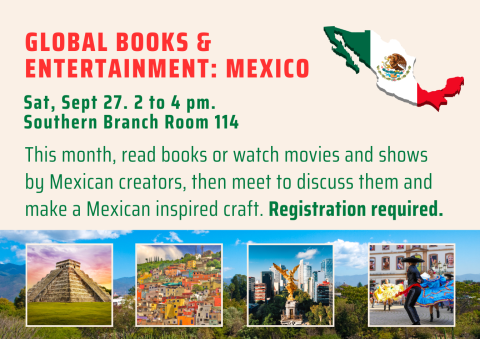 An outline of Mexico filled with the Mexican flag. Small photos of a pyramid, town, statue, and dancers in Mexico with a background of a landscape.