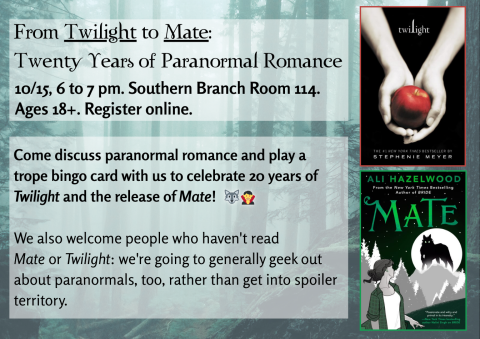 The cover of Twilight (white hands holding a red apple) and of Mate (a woman looking over her shoulder at a wolf silhouetted by the moon) against a background of foggy woods