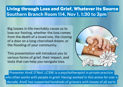 A blue-green watercolor background. A frame of illustrated flowers around a photo of people zoomed in on their hands which they hold to comfort each other.