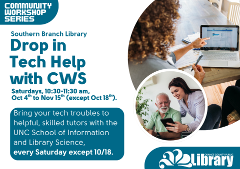 A woman helps an man with his tablet. Another woman points at a laptop screen.