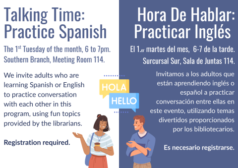 A cartoon woman holding a coffee cup says Hola to a cartoon man who says Hello to her.