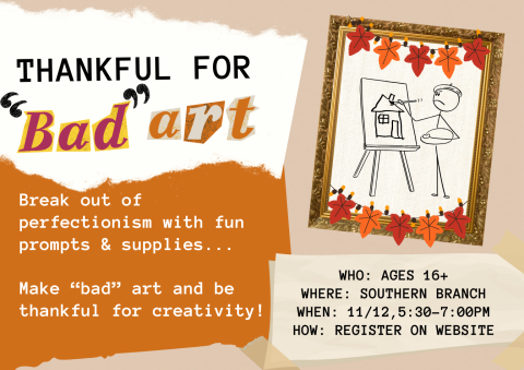 Event title made with torn magazine letters. A gold picture frame around a stick figure who is making a painting of a house on an easel. Leaf garland hanging from the top and bottom of the frame.