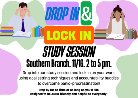 A cartoon man and woman, both surrounded by books, hold their hands to their foreheads and look focused.