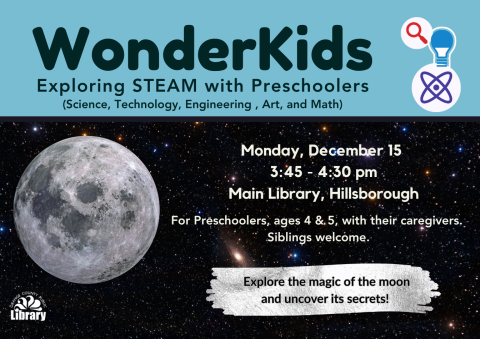 Marketing image for Wonderkids program. A picture of the moon on a starry night sky background and a description that says "Explore the magic of the moon and uncover its secrets."