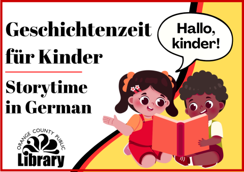 two children sitting and reading a book with a speech bubble that says "halo, kinder!"
