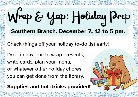 A cartoon capybara wrapping a present, surrounded by wrapping supplies.