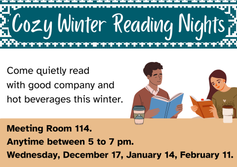 A cartoon man reading a blue book with a mug in front of him and a cartoon woman reading a red book with a mug in front of her. 