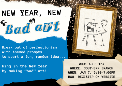 Event title made with torn magazine letters. A gold picture frame around a stick figure who is making a painting of a house on an easel.