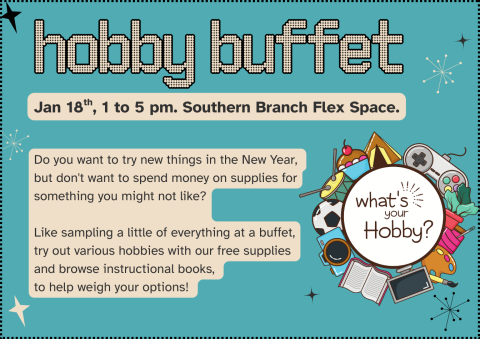 Icons representing various hobbies (painting, sewing, games, reading, technology, gardening) surrounding a white frame that says "what's your hobby"