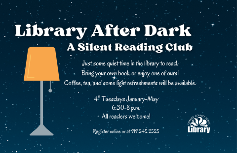 Lamp against a dark sky advertising silent reading club.