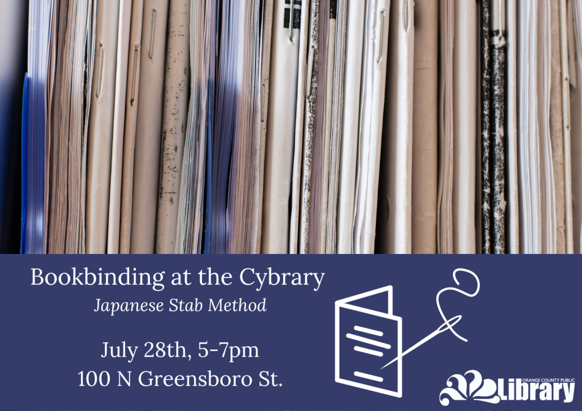 Book spines above white text on a purple background. Bookbinding at the Cybrary  Japanese Stab Method  July 28th, 5-7pm 100 N Greensboro St.