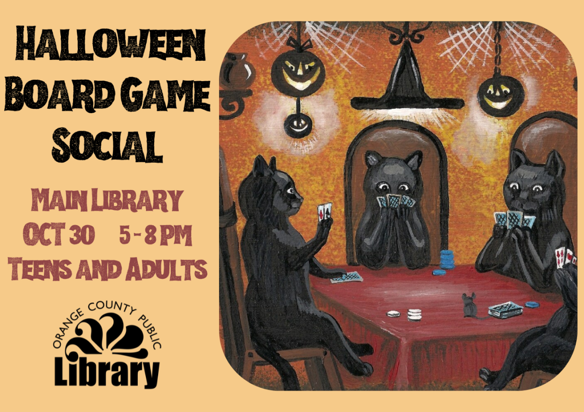 Black cats gather to play poker in a Halloween-themed room.