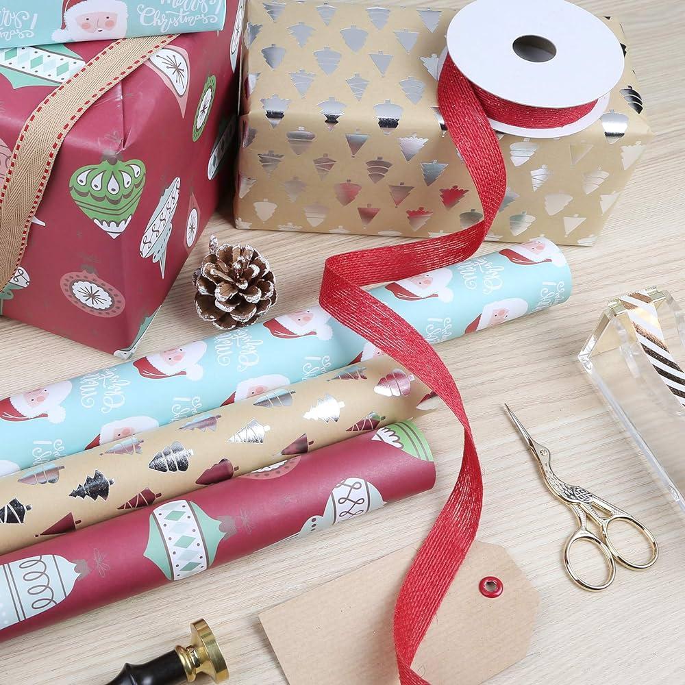 Wrapping paper, ribbons, scissors and tape.