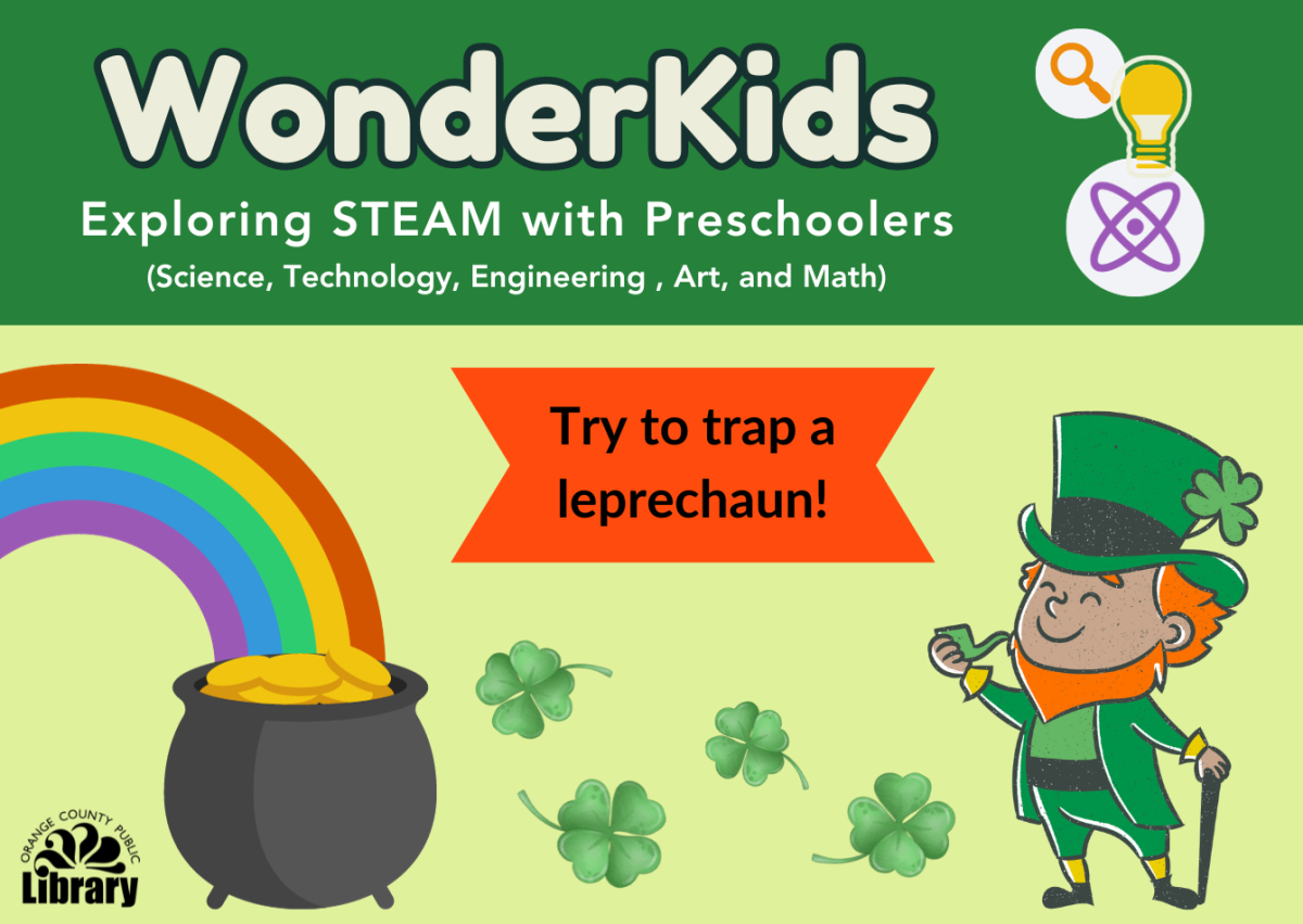 A small image of the program flyer with program description and a cartoon image of a leprechaun and rainbow with a pot of gold.