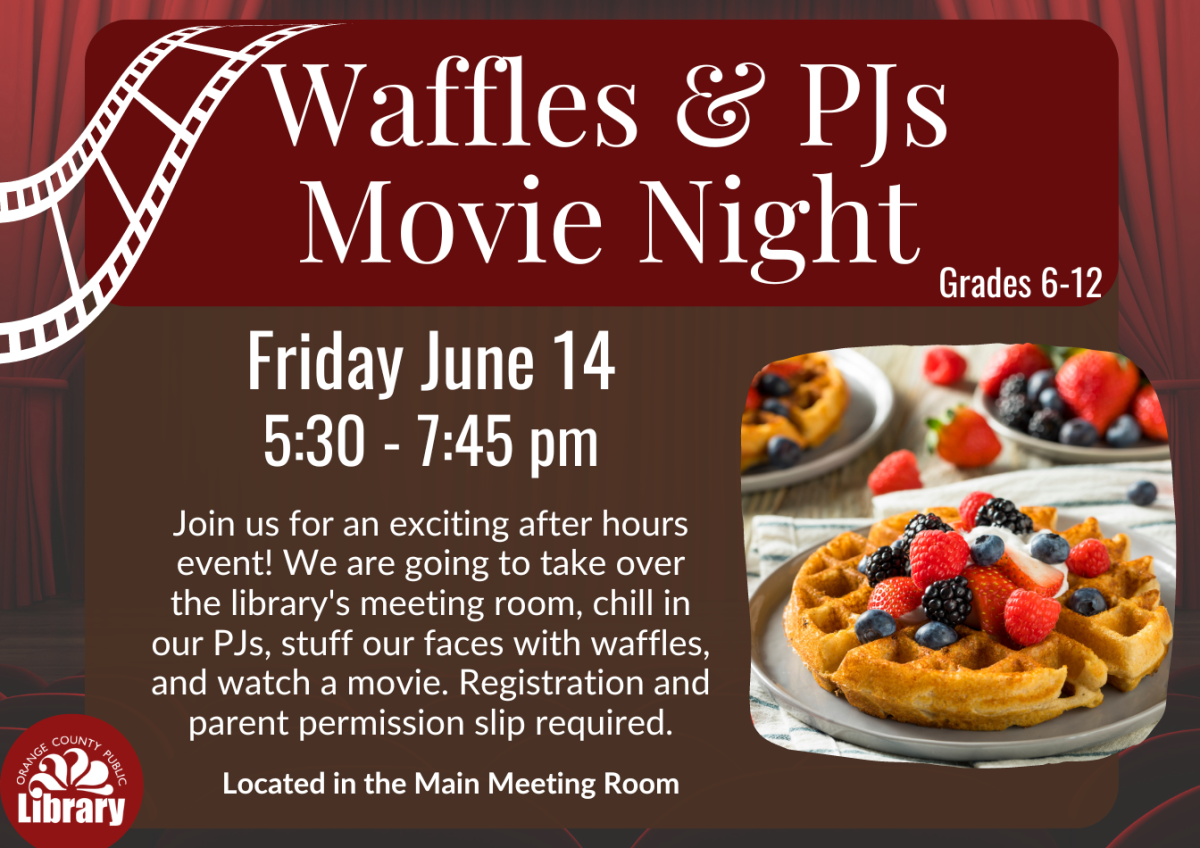 Waffles & PJs movie night information flyer